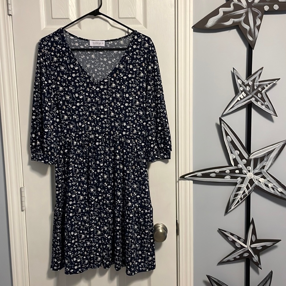 3/4 sleeve dark navy floral dress with ruffled skirt from Stitchfix